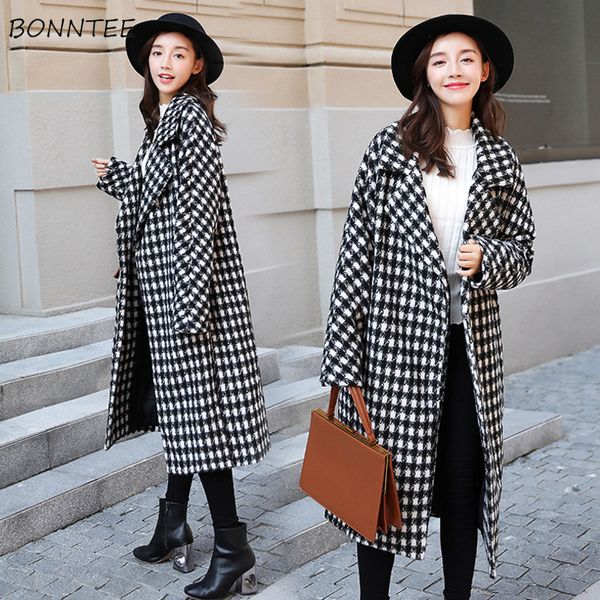 

blends women black all-match korean thicker ladies long coats winter outwear womens harajuku casual retro plaid
