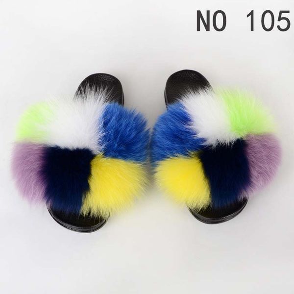 

summer sweet candy color women's fur slippers fox fur woman slides home furry flat sandals female cute fluffy house shoes flip flops, Black