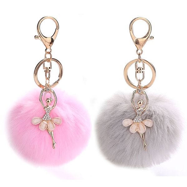 

2 pcs plush fluffy keychain key buckle car handbag pendant ballet dancing girl keyring, pink & gray, Silver