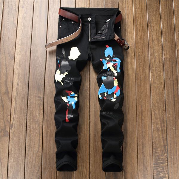 

2019 new black 3d graffiti printing jeans men fashion printed slim straight jeans hombre casual stretch denim pants size 29-38, Blue