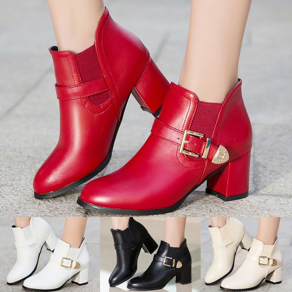 

muqgew women's boots ladies solid color wedges shoes round toe large size buckle boots mid heel shoes botines mujer 2019, Black