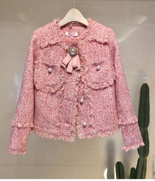 

brand runway jacket coat women autumn winter tweed coats woolen jackets office ladies fashion pearls diamonds tassels outerwear, Black;brown