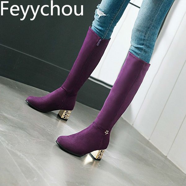 

women's boots autumn winter high heel flock round toe knee-high zip motorcycle boots metal decoration 2019 fashion black