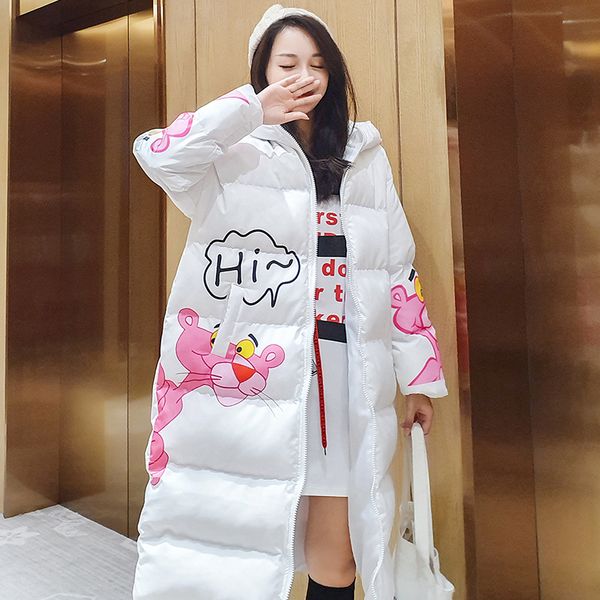 

new winter jacket women clothing korean cute cartoon print long parkas streetwear hooded plus size thick warm cotton coat t93, Black