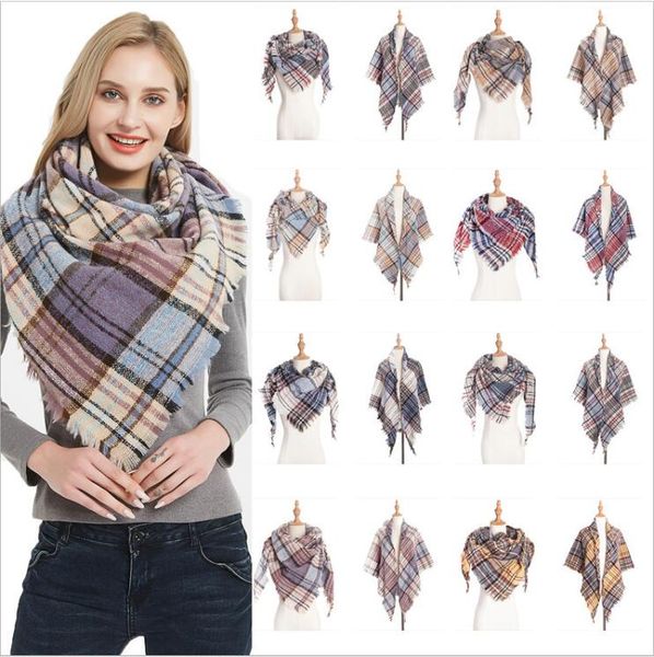 

plaid scarves girls check shawl grid oversized tassel wraps lattice triangle neck scarf fringed pashmina winter neckerchief blankets b5922, Red;brown