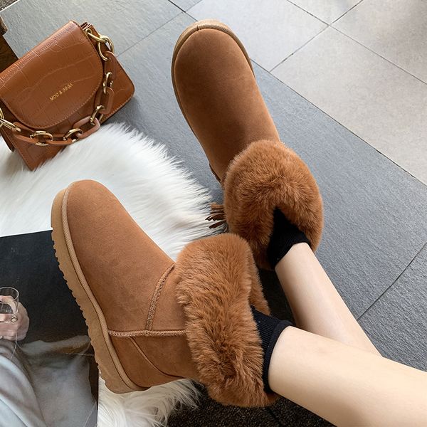 

women snow boots warm short plush winter ankle boots platform ladies suede tassel turned-over edge shoes female comfort, Black