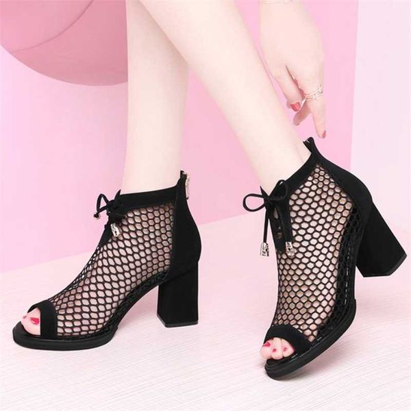 

fashion summer women sandals zipper fish mouth shoes women high heels hollow mesh sandals mujer sandalias a580, Black