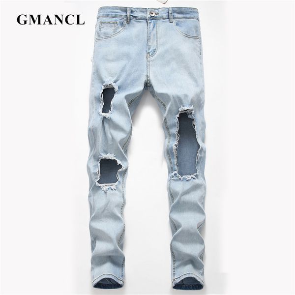 

2019 new streetwear men ripped skinny jeans trousers fashion hip hop knee big holes solid color cotton casual jogger denim pants, Blue