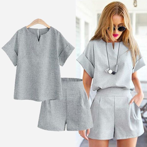 

spring summer women polyester two piece set casual cotton short soild female office plus size suit set short sleeve sets, White