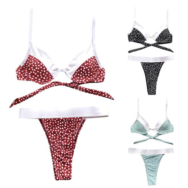 

women two piece bikini set color block vintage polka dot printing swimsuit push up underwire bra high waist triangle bottom, Red;black