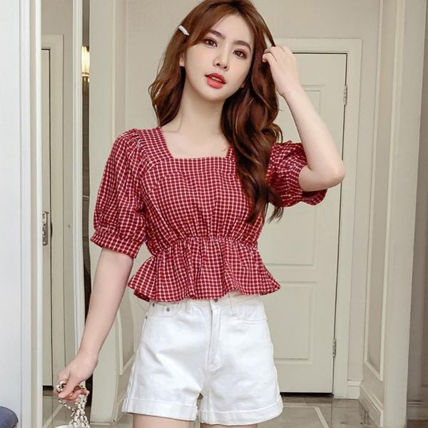 

women's blouses & shirts fashion women blouse plaid print retro square neck puff short sleeve casual summer ruffles blusas mujer de, White