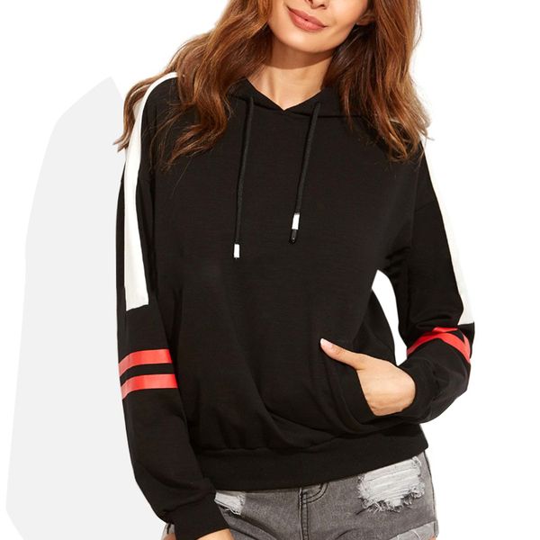 

2019 fashion casual black hit color striped splicing loose hoodies long sleeve sweatshirt