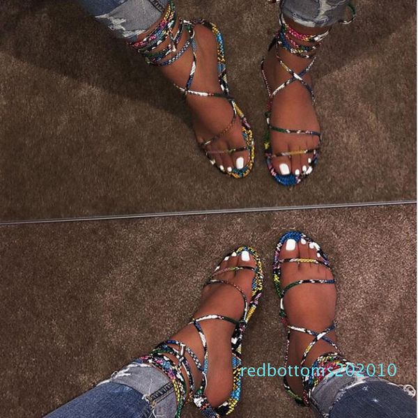 

women flat sandals summer outside 2019 fashion leopard snake print shoes ankle strap buckle strap gladiator sandals r10, Black