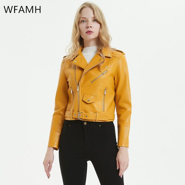

spring autumn women pu leather jacket new casual motorcycle yellow slim zipper office female short jackets top, Black