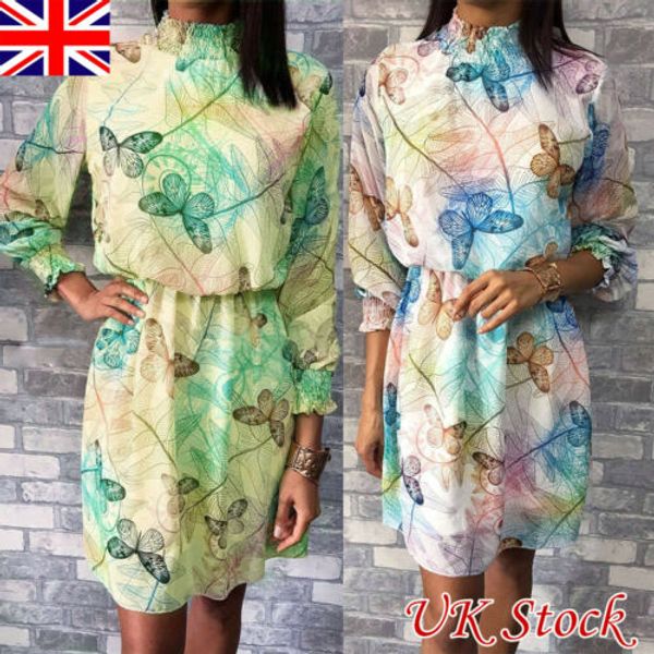 

2019 fashion floral dress women 3/4 sleeve summer boho butterfly printed beach casual loose mini shirt beach dress, Black;gray