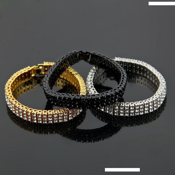 

12мм 8" конструктор luxury hip hop mens bling gold 3 ряды теннис цепи браслет iced out полный алмазный рэппер ювелирные подарки для парней д, Black