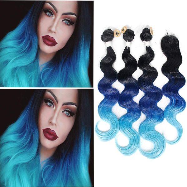 Brazilian Natural Wave 3 Bundles With Lace Closure Ombre Synthetic