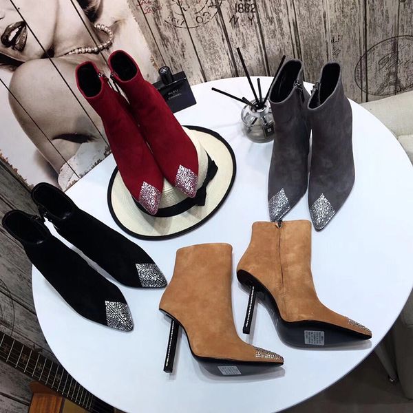

new brands womens high heels 10cm boot ankle winter cashmere rhinestones real leather pumps paris boots, Black