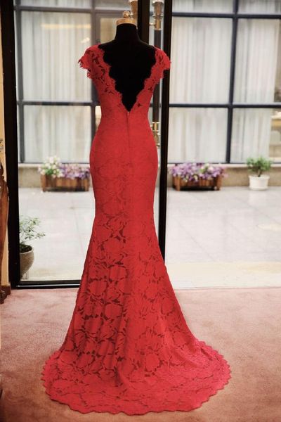 

deep v-back lace mermaid evening dress side split sweep train evening gowns, Black;red