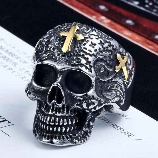 

мода ювелирные изделия классические мужчины кольцо крыло крест череп 18k позолоченные punk rock desinger кольца роскошные кольца модный хип, Golden;silver