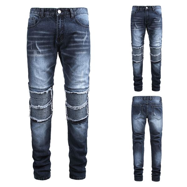

fashion men's casual personality slim fit denim wrinkle jeans pants pantalon hombre men casual pants men trousers high quality, Black