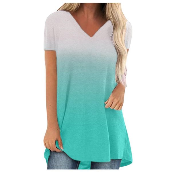 

women fashion gradient printing t-shirt summer casual v-neck short sleeve t-shirt, White