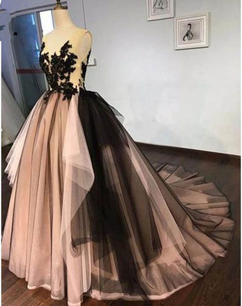 

amazing 2018 puffy ball gown long prom dresses with appliques v neck floor length tulle sleeveless pink & black backless prom dress