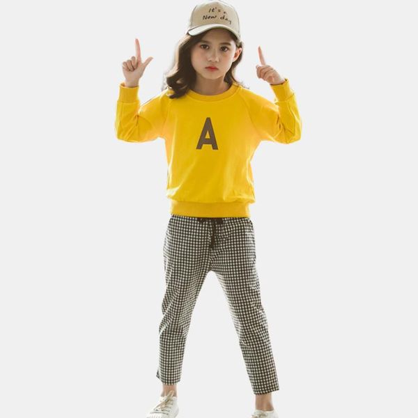 

2020 clothes for girls letter a sweatshirt & plaid pants 2pcs girl clothes long sleeve kids casual spring suit for girls, White