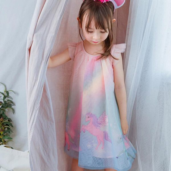 

girls dress rainbow printing fairy princess dress ruffle flying sleeves tulle kids dresses for girls baby girl clothes, Red;yellow