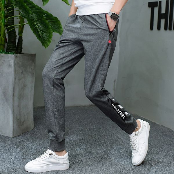 

new 2019 spring autumn letter print sport casual trousers men drawstring elastic waist pencil pant, Black