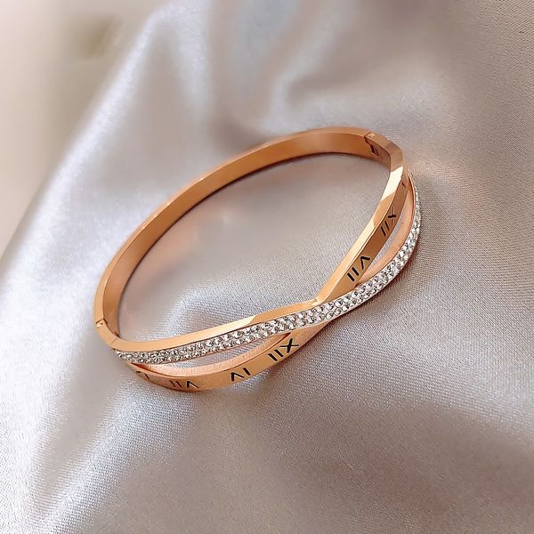 

luxury jewelry rose gold stainless steel roman numerals bracelets & bangles female charm zircon bangle bracelet, Black
