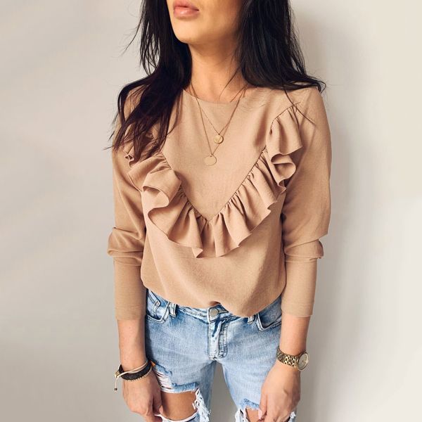 

ruffles blouses solid long sleeve blouse patchwork sweet women autumn loose casual shirts o neck female office ladies, White