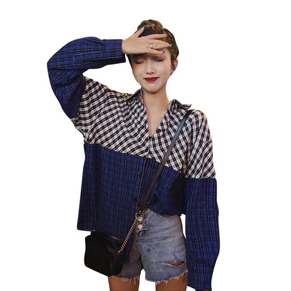 

harajuku retro chic plaid stitching shirt women 2019 new fashion women blouse long sleeve loose casual streetwear shirts, White