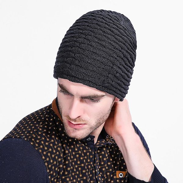 

men and women stripes knitted cap plus velvet beanies casual hats blank pleated wool cap thick warm hats, Blue;gray