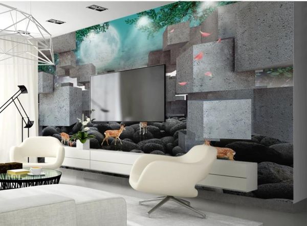

modern living room wallpapers 3d cube sika deer embossed tv background wall paper