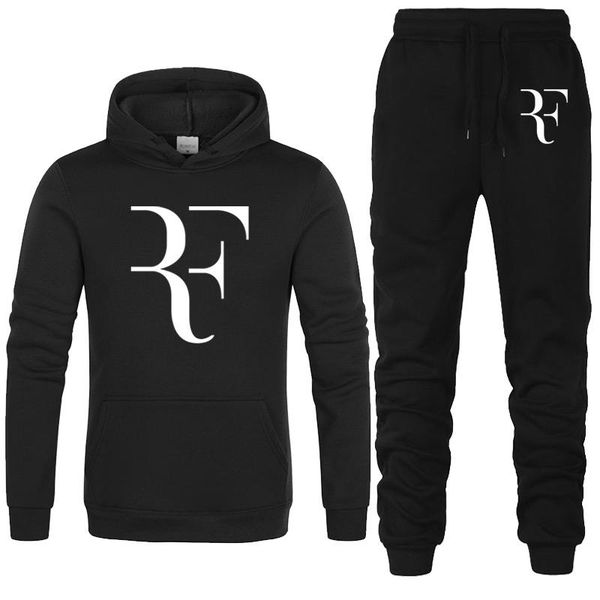 

2 pieces tracksuit fashion roger federer rf print hoodies+pants men casual hip hop mens hoodie sweatshirts man hoody clothing, Black