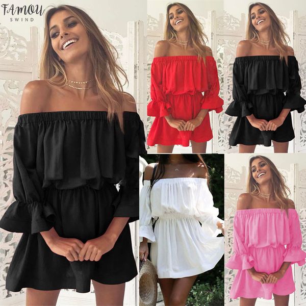 

women flare sleeve off shoulder holiday dress ladies loose three quarter sleeve summer solid dress vestidos elegant 2020 vestido, Black;gray
