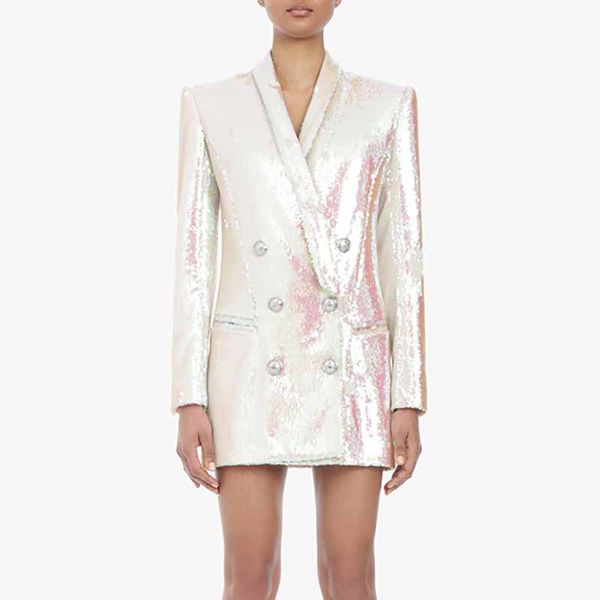 

yalee] new fashion 2019 summer autumn double breasted pockets stitching sequin loose jacket coat single suit woman a801, White;black