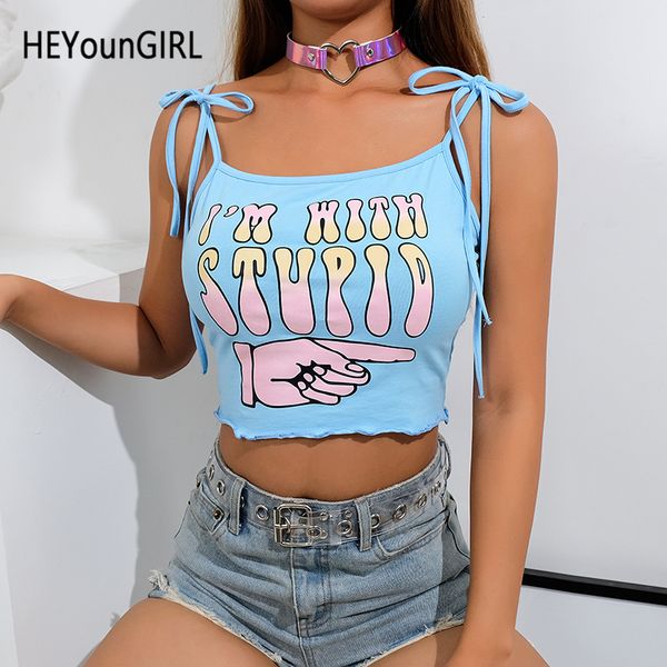 

heyoungirl printed casual backless cami tees tie up cute crop women streetwear spaghetti strap harajuku summer, White