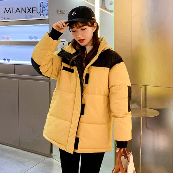 

vogue patchwork hooded parka coat women winter thicken korean cute cotton jacket ladies big size pocket zipper parka coat casual, Tan;black