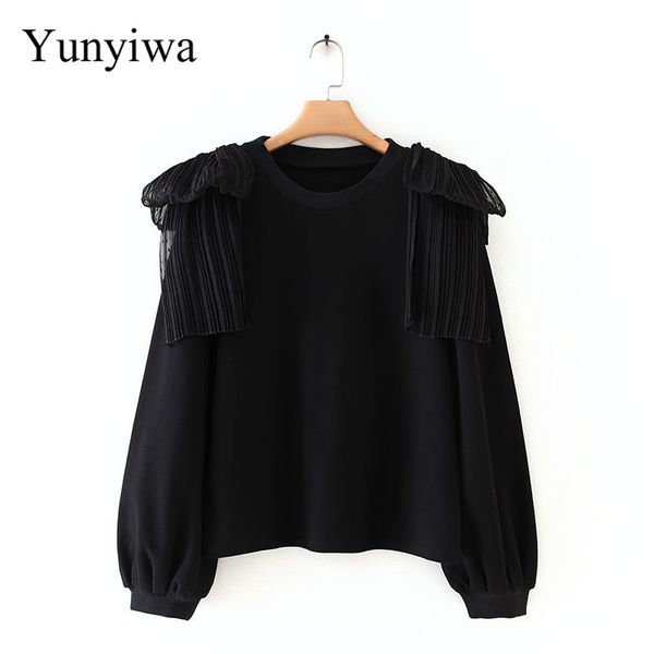 

2020 new women elegant shoulder bow tied decoration casual black sweatershirts ladies autumn o neck lantern sleeve basic hoodies