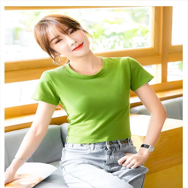 

leak navel t-shirt female slim versatile t-shirt pure tight summer round collar high waist base soot tide 042, White