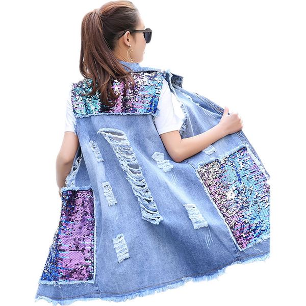 

bust (100-130cm) plus size jacket sleeveless summer oversized denim vest women sequin boyfriend ripped jeans vest long waistcoat, Black;white