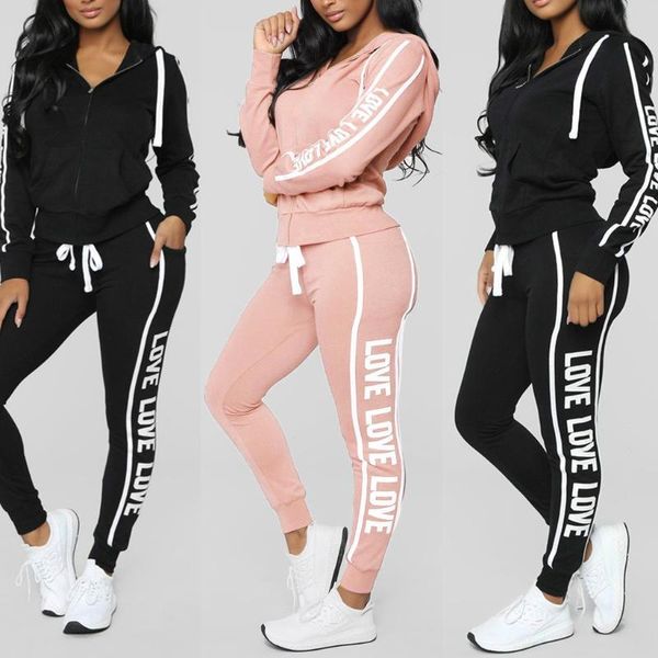 

fashion women pink casual clothes set ladies long sleeve pullove sport with zipper + long pants set #3s, White;black