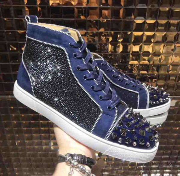 

dark green rhinestone men studded sneakers pik spiked shoes red bottom louflat mix 2019 flat high lace-up sneaker italy brand design, Black