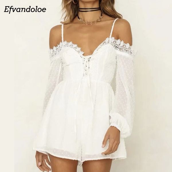 

efvandoloe playsuits women lace spaghetti strap chiffon jumpsuits rompers combishort off shoulder bandage short jumpsuit, Black;white