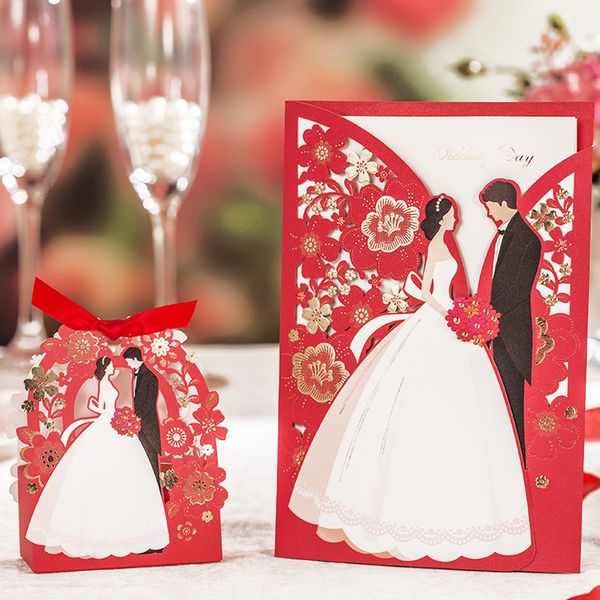 

1pcs sample card wishmade red laser cut wedding invitations cards with bride & groom invite cards engagement bridal shower