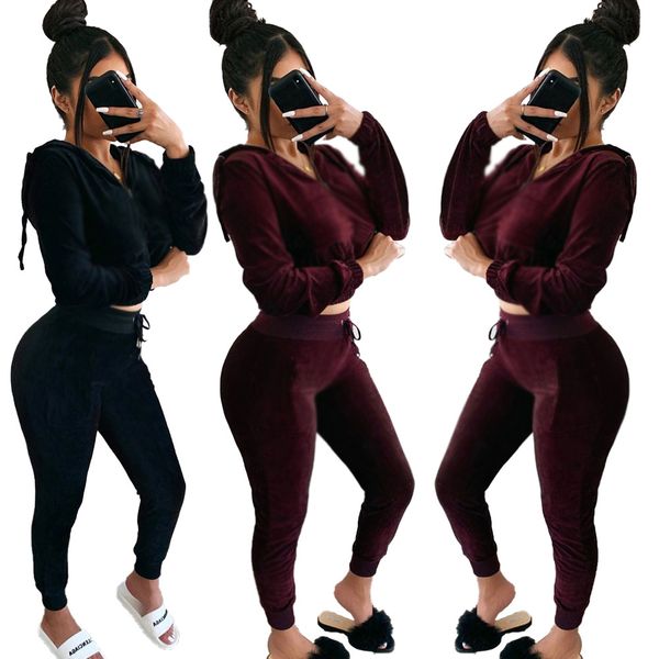 

winter women hoodie tracksuits velour sports suits solid warm long sleeve zipper collar hoodie pant 2 piece set dark blue burgundy outfits, Gray