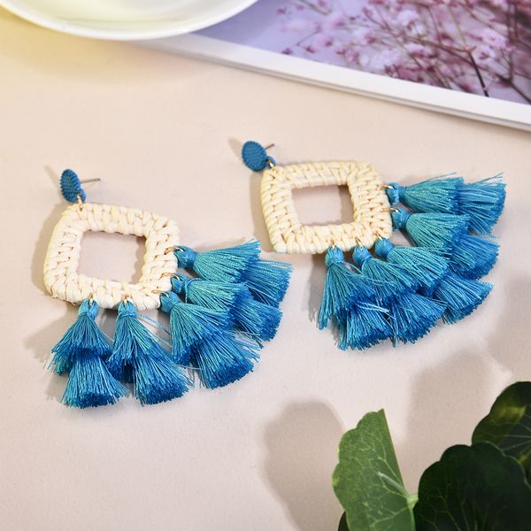 

round rattan tassel drop earrings fashion jewelry for women handmade bohemia straw weave large fringe dangle earring christmas, Silver