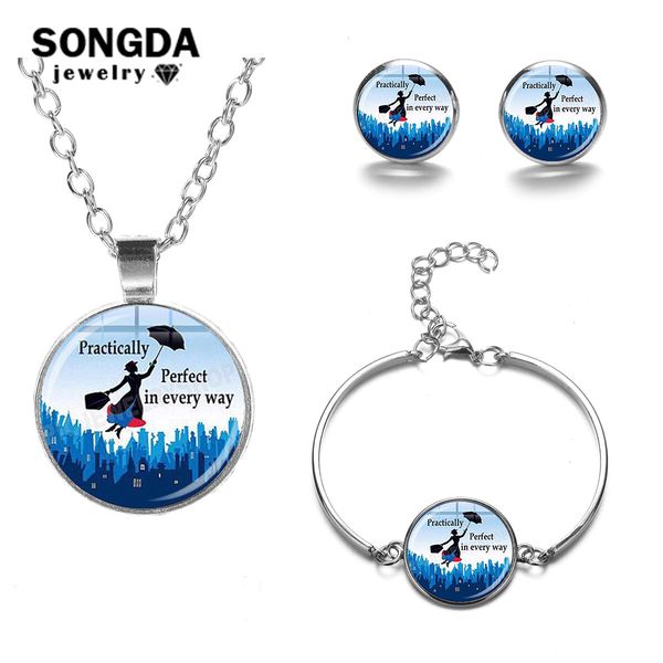 

songda мэри поппинс комплекты ювелирных изделий практически совершенные каждый день quote волшебная glass art picture ожерелье браслет серьг, Silver